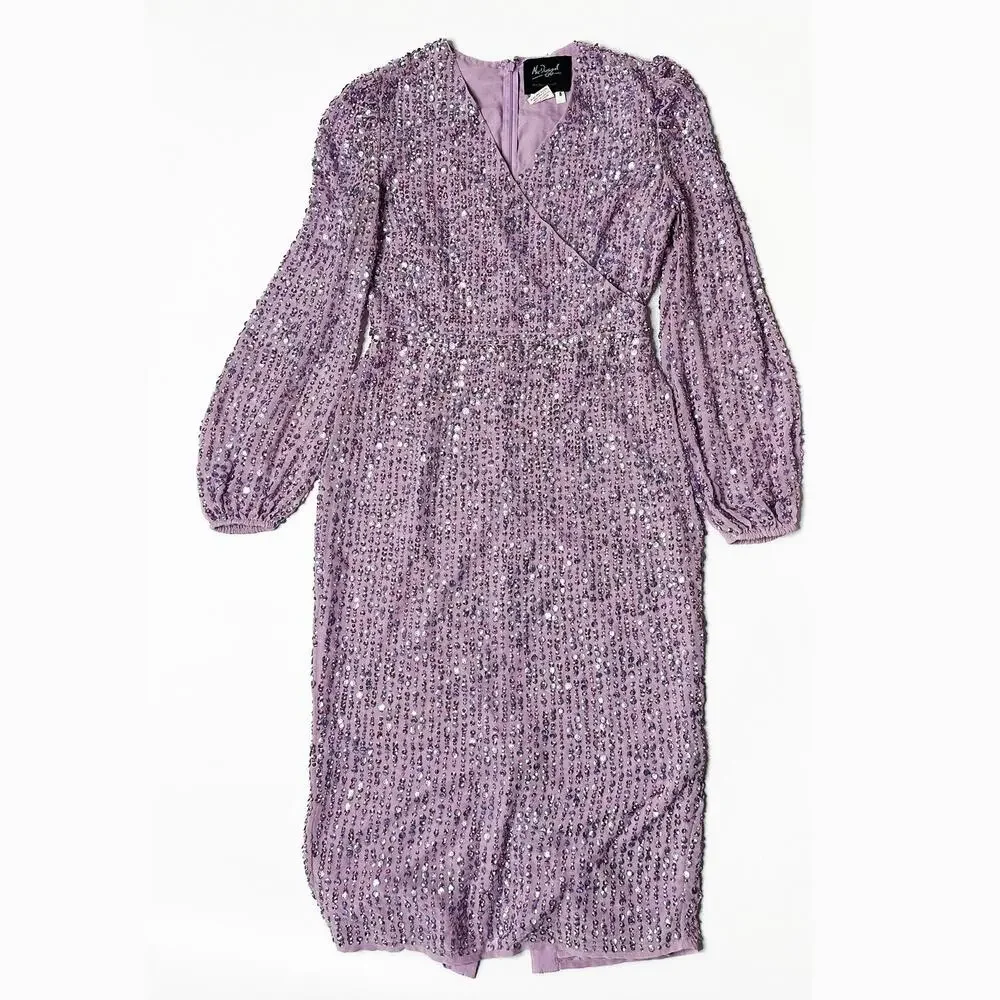 Mac Duggal Sequin Illusion Long Puff Sleeve 107641 Evening Tea Length Midi Dress - Picture 16 of 16